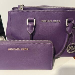 Michael Kors Saffiano Leather Satchel and Wallet Duo in Royal Purple